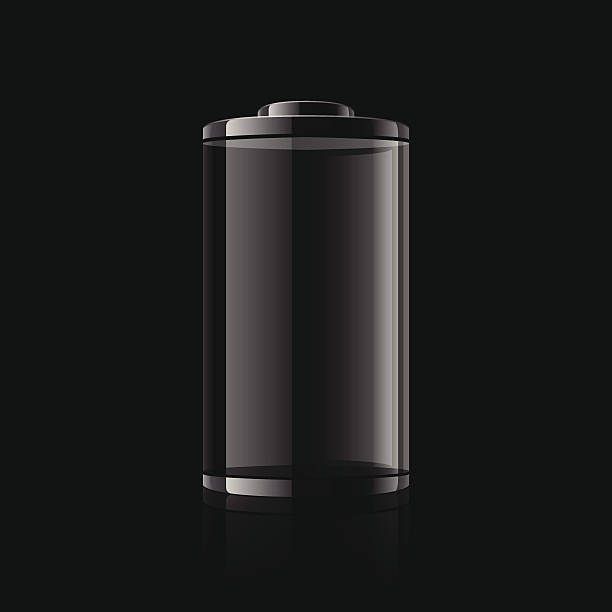 Digital graphic of a black battery on a black background Empty battery. shiny black background stock illustrations