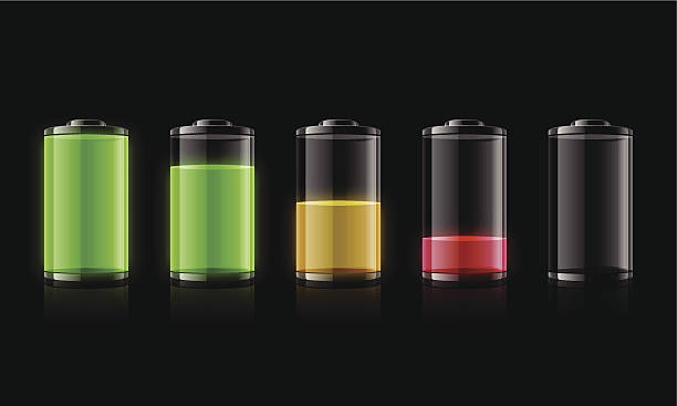 Five representations of battery charge from full to empty Set of Batteries on black background. battery illustrations stock illustrations