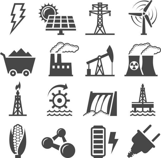 illustrations, cliparts, dessins animés et icônes de noir-et-blanc ensemble d'icônes de l'énergie alternative - réseau électrique