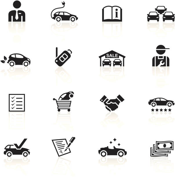 ilustrações, clipart, desenhos animados e ícones de black símbolos-showroom de carros - adult manual worker automobile industry transportation