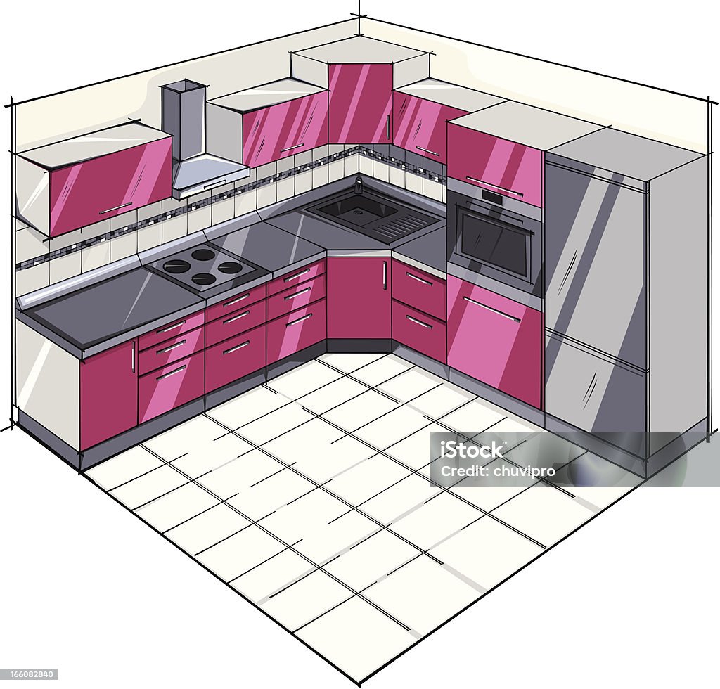Kitchen modern. Modern kitchen set in gray and crimson colors. Diminishing Perspective stock vector