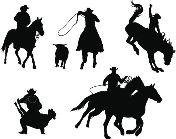 ilustraciones, imágenes clip art, dibujos animados e iconos de stock de steerrasling - rodeo cowboy horse silhouette