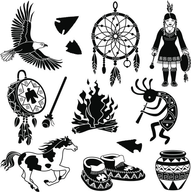 ilustrações de stock, clip art, desenhos animados e ícones de índio americano ícones - white background clip art american culture black