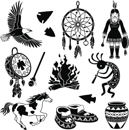 Vector illustrations with a native American theme. Bald eagle, dreamcatcher, native girl, drum, fire, Kokopelli fertility symbol, painted pony, moccasins, pottery