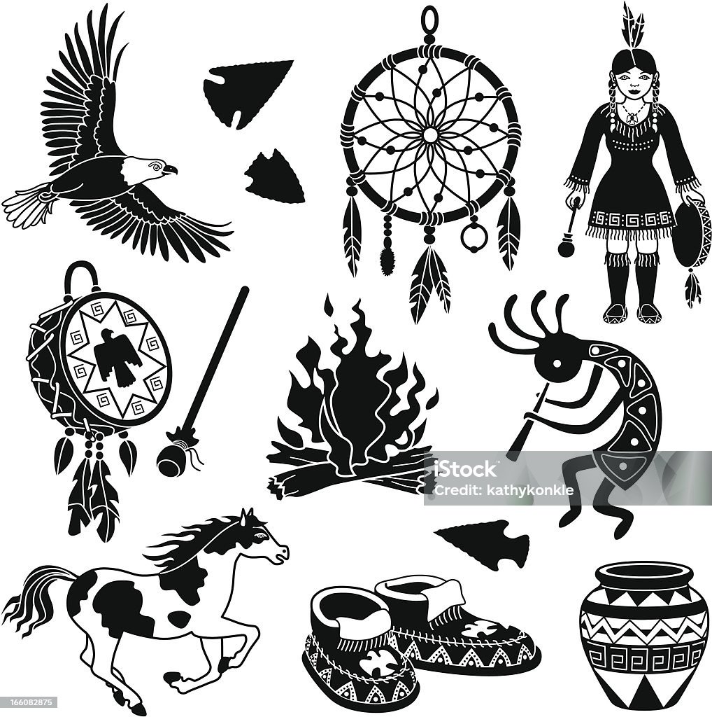 Native American icons Vector illustrations with a native American theme. Bald eagle, dreamcatcher, native girl, drum, fire, Kokopelli fertility symbol, painted pony, moccasins, pottery Indigenous North American Culture stock vector