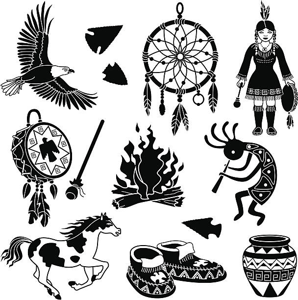 Native American icons Vector illustrations with a native American theme. Bald eagle, dreamcatcher, native girl, drum, fire, Kokopelli fertility symbol, painted pony, moccasins, pottery spotted eagle stock illustrations