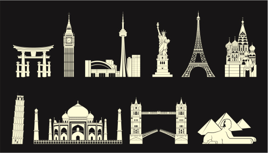 Highly detailed world travel landmarks set.