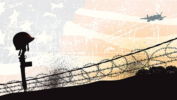 ilustraciones, imágenes clip art, dibujos animados e iconos de stock de guerra mundial (fallen soldier y dos fondo de bandera estadounidense - segunda guerra mundial