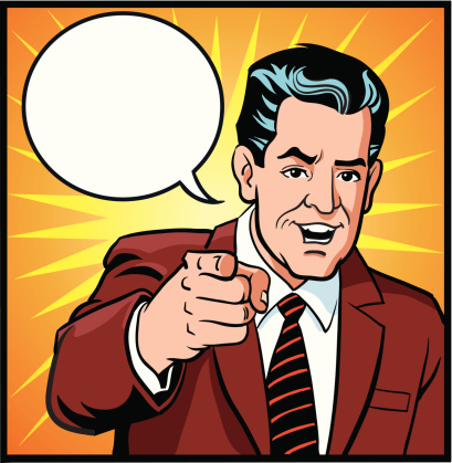 Illustration of a old fashion style businessman pointing his index finger at the viewer. The man, speech bubble and the backgrounds are placed on separate layers for easy editing. High resolution JPG and Illustrator 0.8 EPS included.