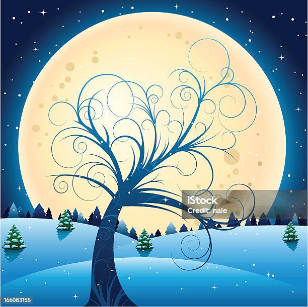 Curly Árvore No Inverno Noite - Arte vetorial de stock e mais imagens de Banda desenhada - Produto Artístico - Banda desenhada - Produto Artístico, Clip Art, Estação do ano