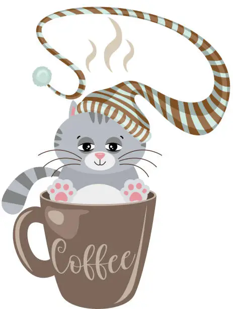 Vector illustration of Sleepy cat with sleeping hat inside cup of coffee