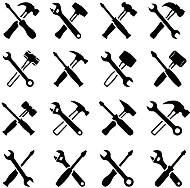 Repairman Construction Tools black & white vector icon set Repairman Construction Tools black & white icon set rubber mallet stock illustrations