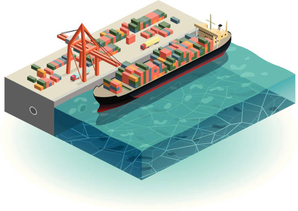 illustrazioni stock, clip art, cartoni animati e icone di tendenza di nave mercantile in un porto - industrial ship illustrations