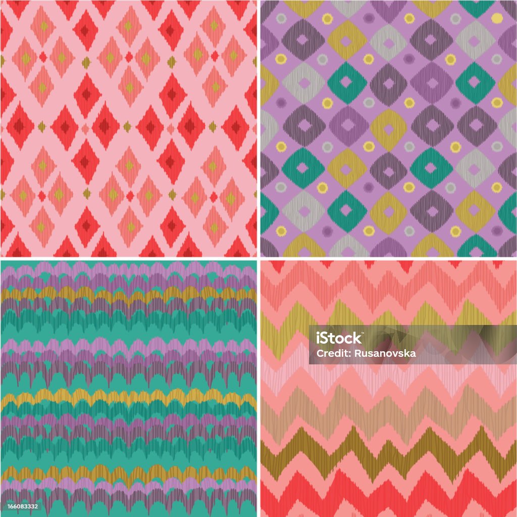 Set of Ikat Seamless Patterns Set of four Ikat seamless patterns (red, purple and green colours). Vector. EPS 8. Abstract stock vector