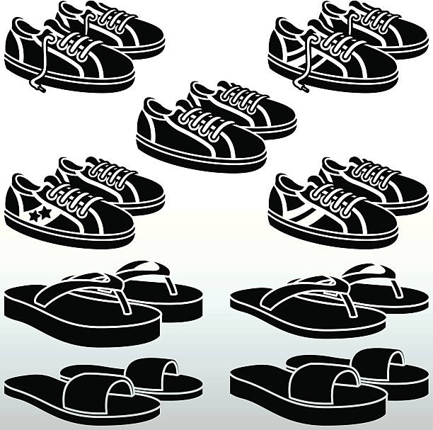 ilustrações de stock, clip art, desenhos animados e ícones de sapatos flipflops & preto e branco - round toe shoes