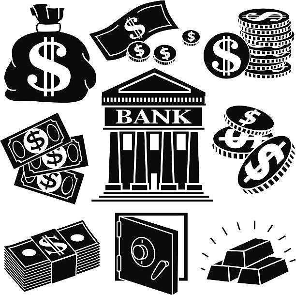 money icons Vector icons with a money and banking theme. bank financial building silhouettes stock illustrations