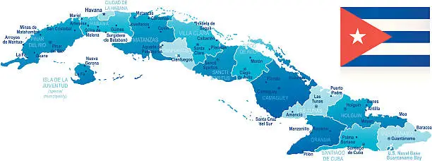 Vector illustration of Map of Cuba - states, cities and flag