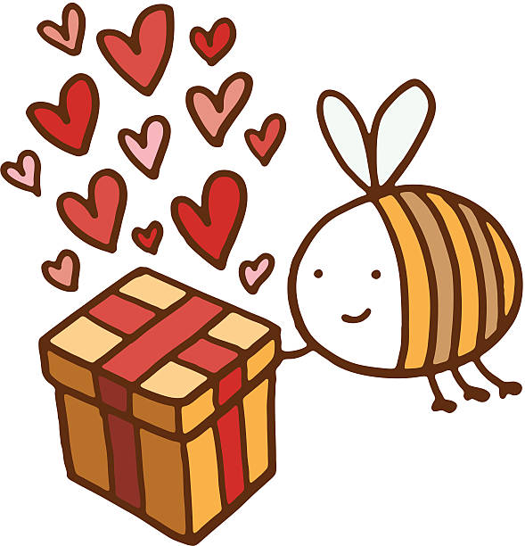 Bee holding a present with hearts vector art illustration