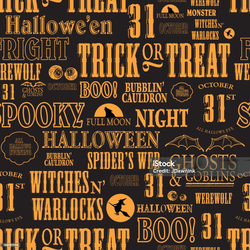 Hallowe'en themed words repeating seamless orange and black background Vector illustration of Hallowe'en themed words in orange on a black background. Seamless repeating background. Download includes Illustrator 8 eps, high resolution jpg and png file. Backgrounds stock vector