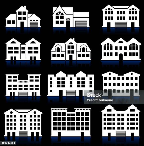 Ilustración de Casa Edificio Del Condominio Negro Y Blanco Vector Icono Conjunto y más Vectores Libres de Derechos de Vector