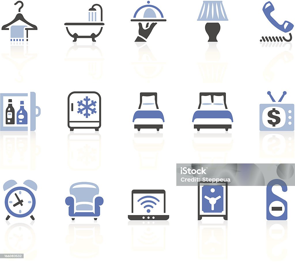 Hotel icons Vector icons with an hotel service theme. Set 2/5. Simple blue series. Icons + reflection (on a separate layer). EPS8, JPEG + AI CS3 Bed - Furniture stock vector