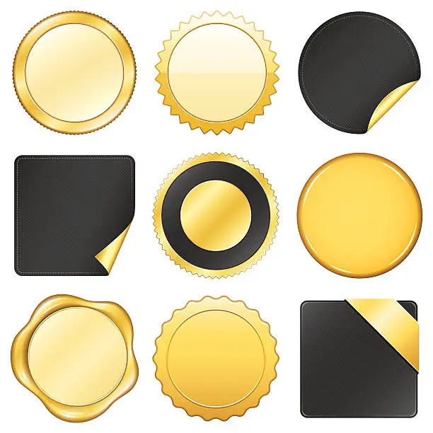 Vector illustration of Collection on nine varying gold and black labels