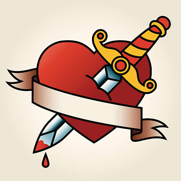Classic Sailor-Tattoo Styled Bleeding Heart and Dagger A dagger in a heart draped with a banner, drawn in a simple classic, sailor tattoo style. knife wound illustrations stock illustrations