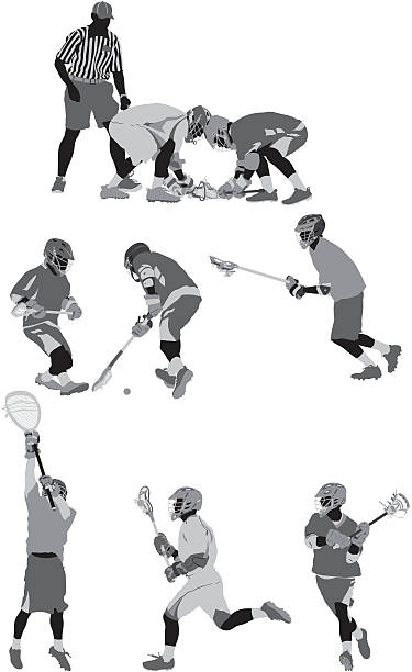 ilustraciones, imágenes clip art, dibujos animados e iconos de stock de lacrosse jugadores en acción - silhouette running cap hat