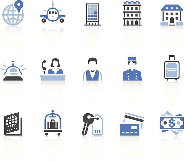 Hotel icons Vector icons with an hotel service theme. Set 1/5. Simple blue series. Icons + reflection (on a separate layer). EPS8, JPEG + AI CS3 airport porter stock illustrations