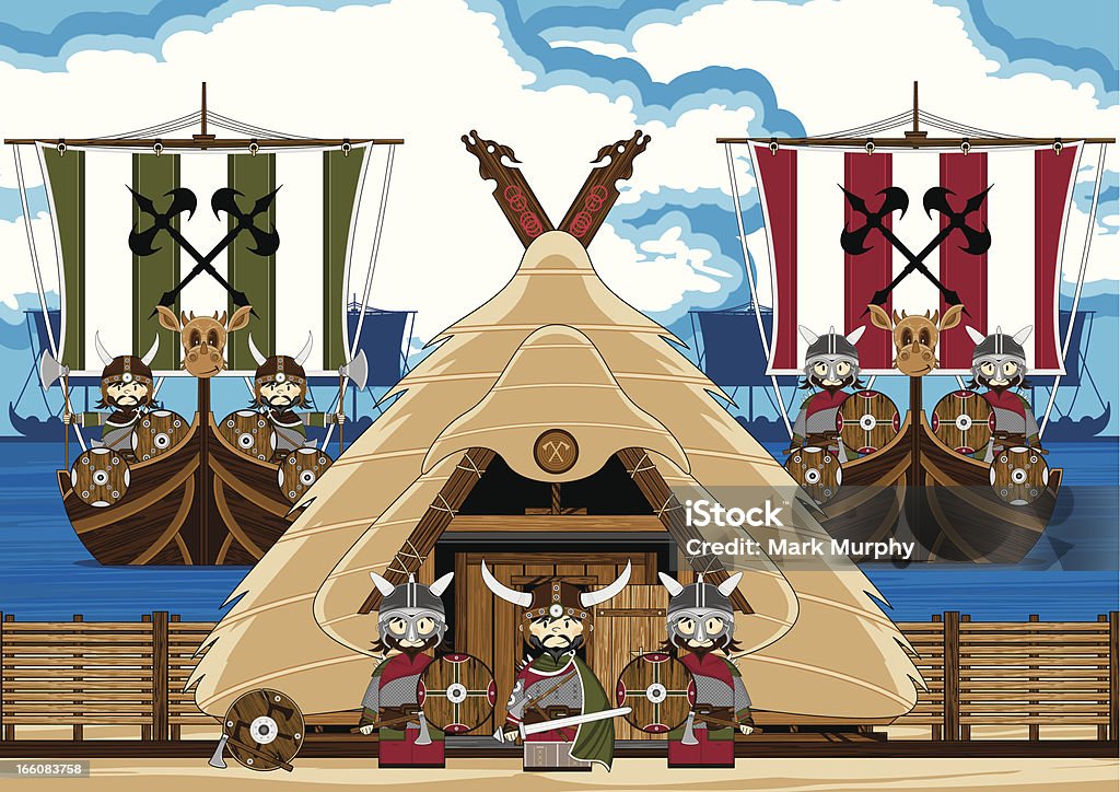 フィアスバイキングウォリアーズと船の風景 - あごヒ��ゲのロイヤリティフリーベクトルアート