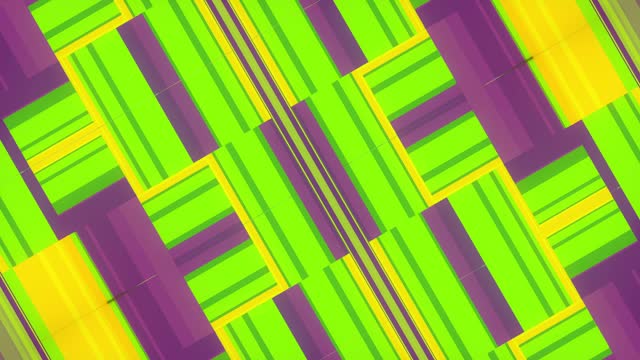 Symmetrical moving pattern of green, yellow and purple squares. Seamless loop animation. 3d rendering 4K
