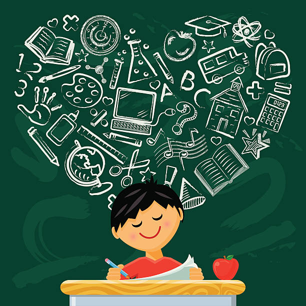 He Loves to Learn A cute boy sits at his desk with school symbols forming a heart on the chalkboard. Layered File. mathematical symbol illustrations stock illustrations