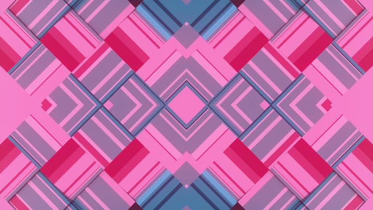 Digital seamless loop animation of kaleidoscopic pink and blue checkered Art Deco pattern. 3d rendering background 4K