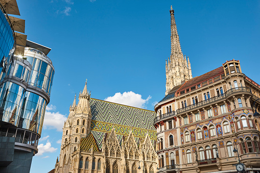 St. Stephans cathedral multicolored rooftop in Vienna city center. Austria