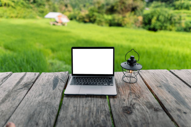 istock Laptop computer blank screen on a wooden terrace in the background of rice fields 1660839963