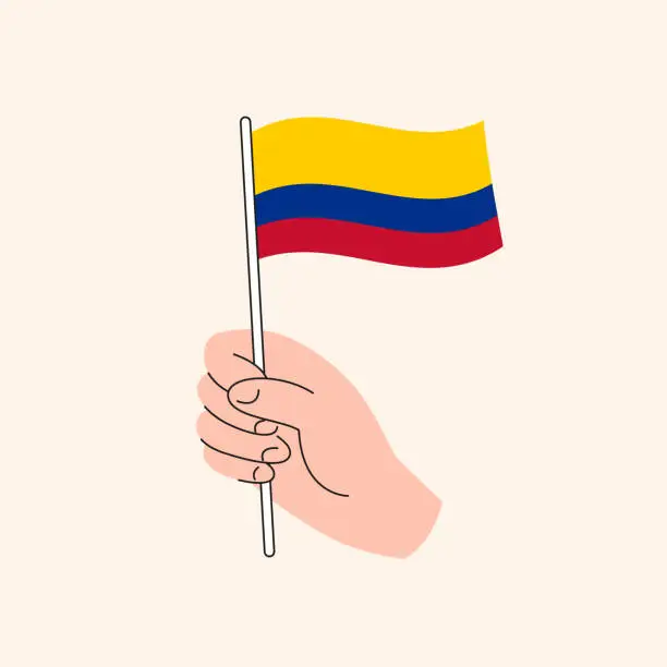 Vector illustration of Cartoon Hand Holding Colombian Flag, Isolated Vector Drawing.