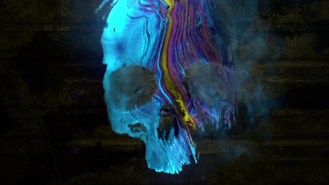Mystical human skull with wavy floating texture illuminated by bright flashes of lightning. 3d rendering digital animation 4K