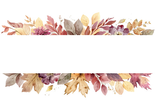 Watercolor vector banner with bright autumn foliage. Perfect for a designing greeting cards, wedding invitation, Thanksgiving, printable, home decor. Hand painted  illustration.
