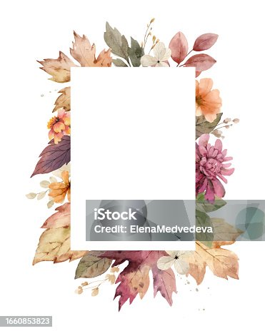 istock Watercolor vector frame with bright autumn flowers and foliage. Perfect for a designing greeting cards, wedding invitation, Thanksgiving, printable, home decor. Hand painted  illustration. 1660853823