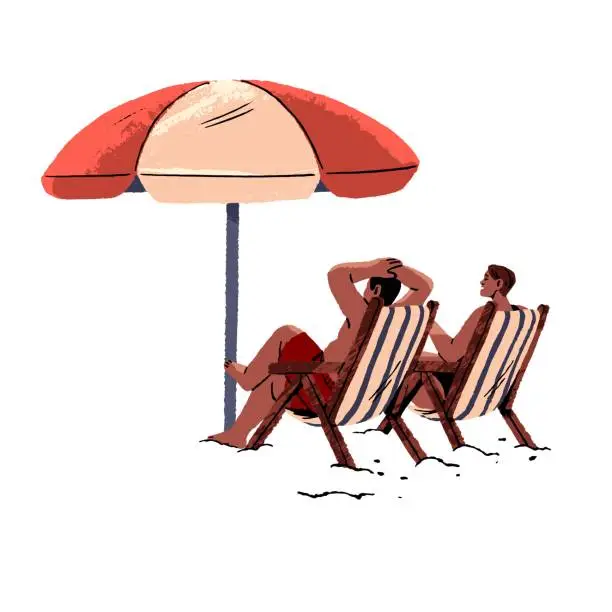 Vector illustration of People sitting at sunbed, sunbathing on sea resort. Tourists rest on summer vacation. Persons relax under parasol. Couple is on beach on holiday. Flat isolated vector illustration on white background