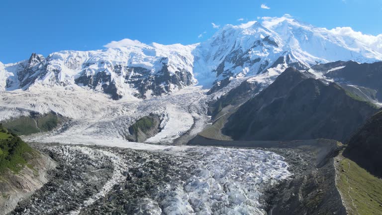 Aerial view of Rakaposhi mountain and Minapin Glacier in Nagar Valley, Gilgit Baltistan, Pakistan.