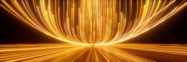 istock 3d render. Abstract background of yellow neon lines ascending. Modern digital wallpaper. Streaming power 1660869617
