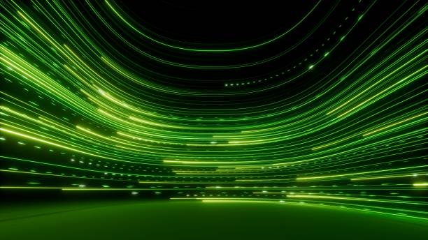 istock 3d render, abstract wallpaper. Green neon lines over black background. Streaming energy. Particles moving and leaving glowing tracks 1660870406