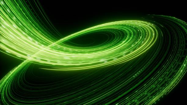 istock 3d render. Abstract fantastic background. Green neon loop. Glowing particles streaming jet curvy trajectory 1660870432