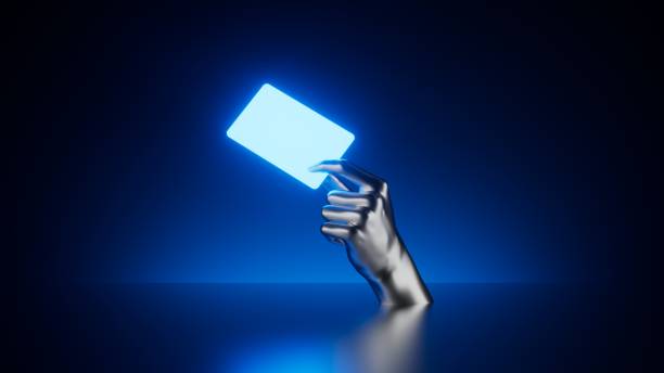 istock 3d render, abstract metallic arm holds blank card, glowing in the dark, isolated on blue background. Business card blank mockup, modern minimalist presentation 1660871529