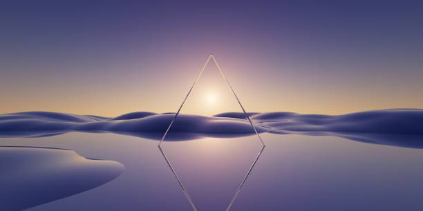 istock 3d rendering, abstract fantastic geometric background. Violet yellow gradient sunset. Surreal landscape: hills, flat glass triangle and reflection in the mirror water. Minimalist aesthetic wallpaper 1660872087