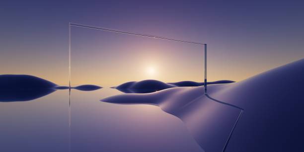 istock 3d render, abstract minimalist geometric background. Surreal violet sunset landscape with reflection in the water. Futuristic aesthetic wallpaper 1660872620