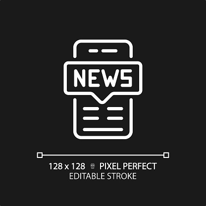 2D pixel perfect editable white mobile news icon, isolated vector, thin line illustration representing journalism.