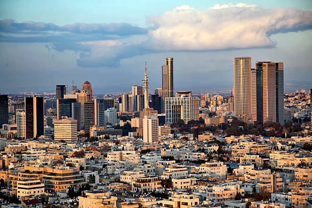 A view to the east, depicting the cityscape of downtown Tel-Aviv and its neighboring city Ramat-Gan at dusk. This is the central skyscraper area in the biggest metropolis in Israel.