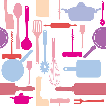 Vector seamless pattern of kitchen tools. EPS10. Contains transparent objects used for shadows drawing, glare and background. Background to give the gloss.